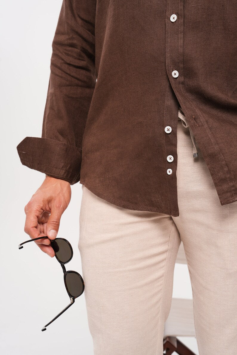 Luxe Linen: Men's Classic Brown Shirt in 100% Linen