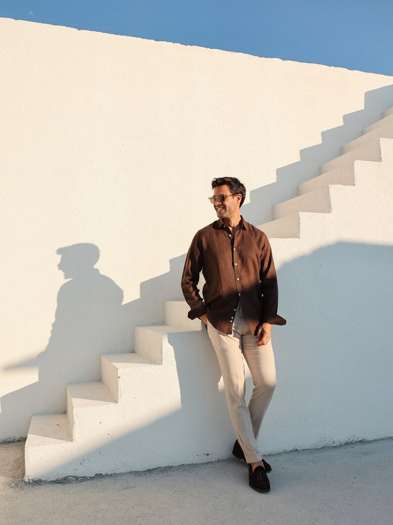 Luxe Linen: Men's Classic Brown Shirt in 100% Linen