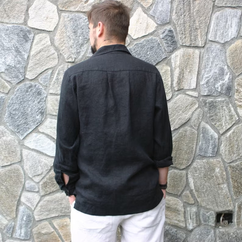 "Timeless Elegance: Black Linen Men's Shirt"