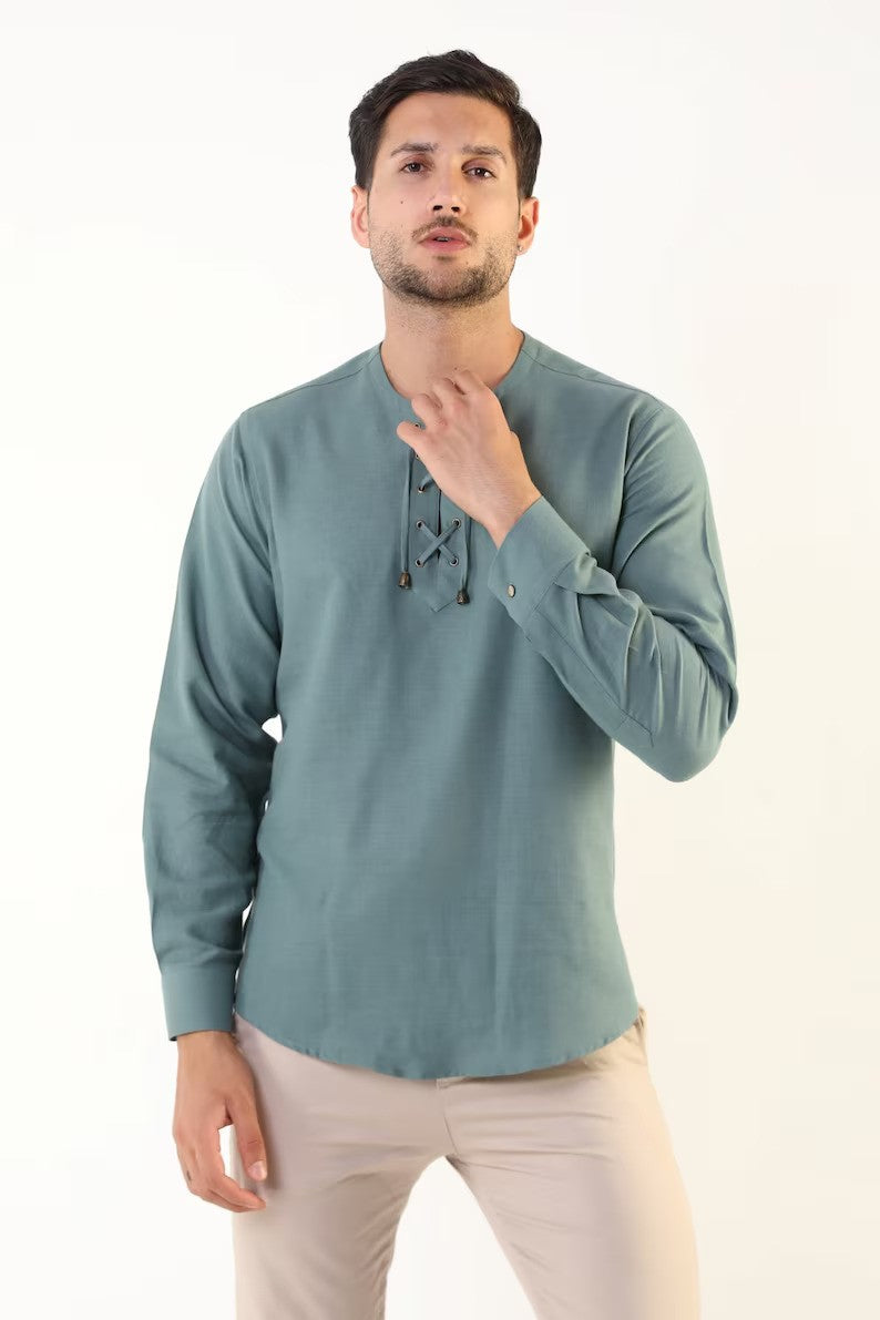Green Linen-Effect Men's Shirt with Mandarin Collar, Tie Rope, and Long Sleeves