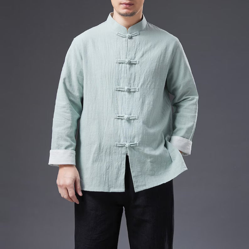 "Summer Breeze Charm: Japanese Linen Cotton Long-Sleeved Shirt with a Vintage Touch"