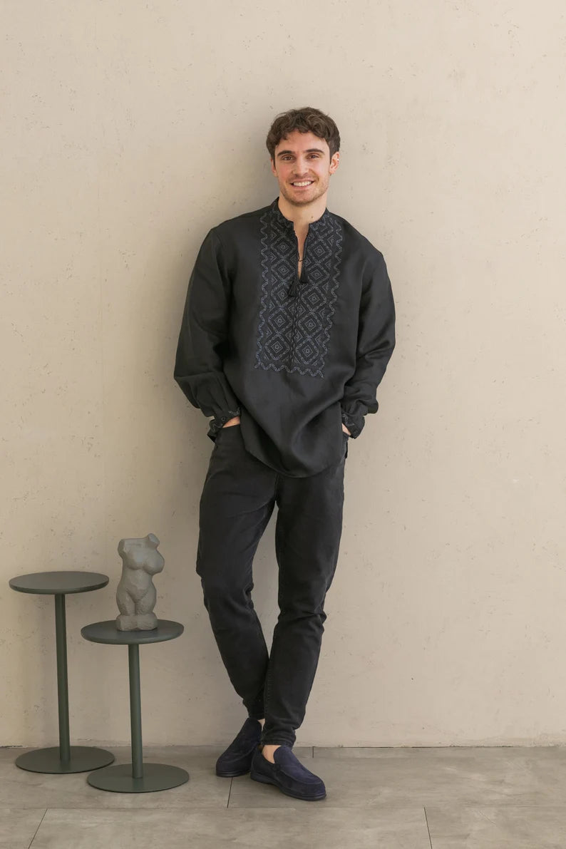 Handmade Black Embroidered Shirt – Intricate Black-on-Black Detailing