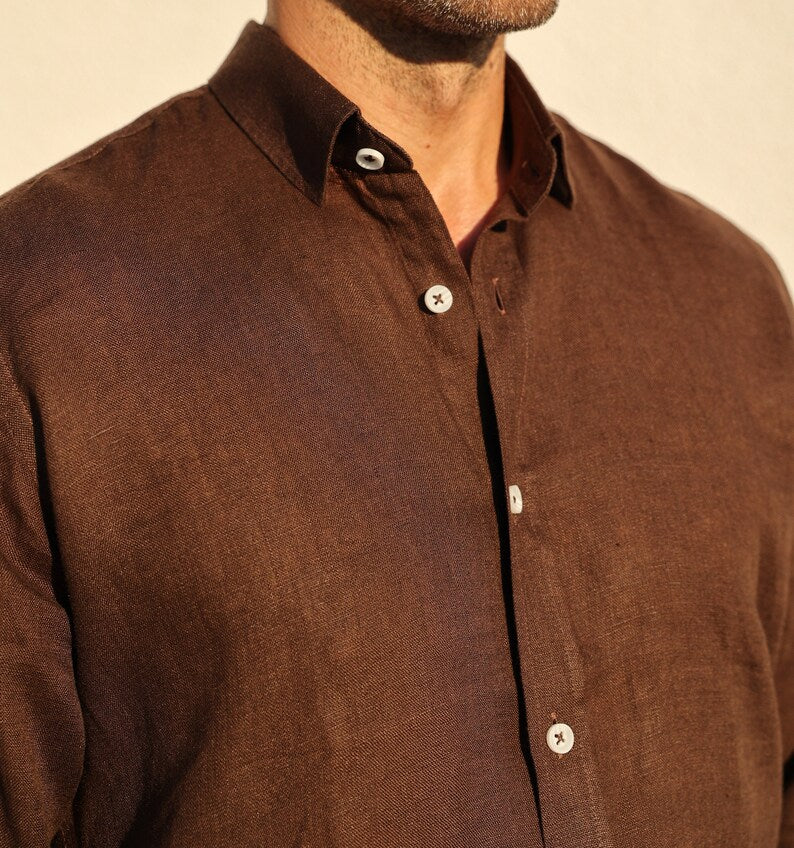 Luxe Linen: Men's Classic Brown Shirt in 100% Linen