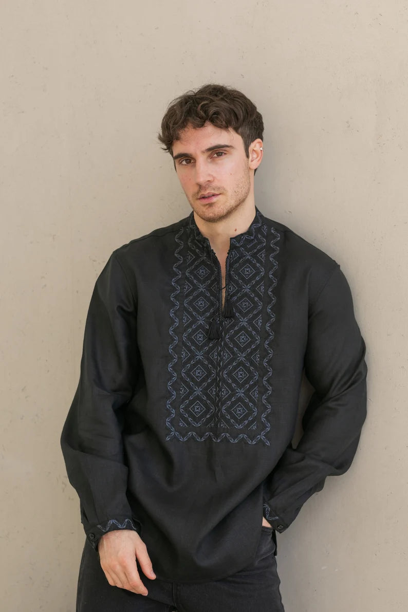 Handmade Black Embroidered Shirt – Intricate Black-on-Black Detailing