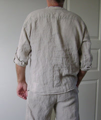 Sky Blue Linen Elegance: Men's V-Neck Summer Shirt with Button Cuff and Linen Cord