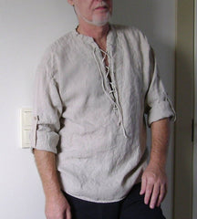 Sky Blue Linen Elegance: Men's V-Neck Summer Shirt with Button Cuff and Linen Cord