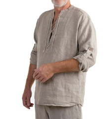 Sky Blue Linen Elegance: Men's V-Neck Summer Shirt with Button Cuff and Linen Cord
