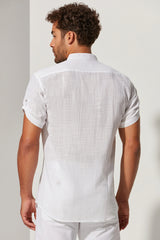 "Judicious Elegance: Short Sleeve Men's Shirt with Judge Collar in White - A Slim Casual Men's Top with Buttoned Detailing in Regular Fit"