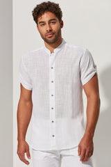 "Judicious Elegance: Short Sleeve Men's Shirt with Judge Collar in White - A Slim Casual Men's Top with Buttoned Detailing in Regular Fit"