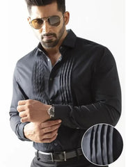 Pure Elegance: Pintex Dress Shirt for Men - White & Black Regular Fit